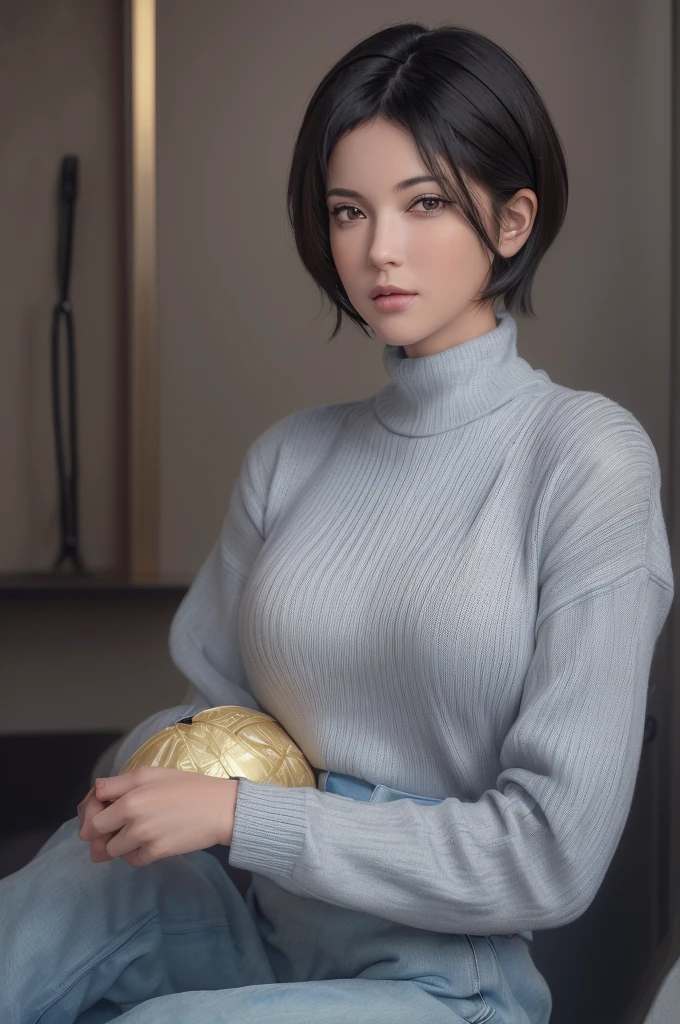 (masterpiece:1.3), (8k, photorealistic, RAW photo, best quality: 1.4), (1girl), beautiful face, (realistic face), (black hair, short hair:1.3), beautiful hairstyle, realistic eyes, beautiful detailed eyes, (realistic skin), beautiful skin, (sweater), absurdres, attractive, ultra high res, ultra realistic, highly detailed, golden ratio