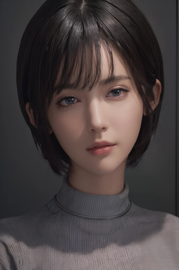 (masterpiece:1.3), (8k, photorealistic, RAW photo, best quality: 1.4), (1girl), beautiful face, (realistic face), (black hair, short hair:1.3), beautiful hairstyle, realistic eyes, beautiful detailed eyes, (realistic skin), beautiful skin, (sweater), absurdres, attractive, ultra high res, ultra realistic, highly detailed, golden ratio