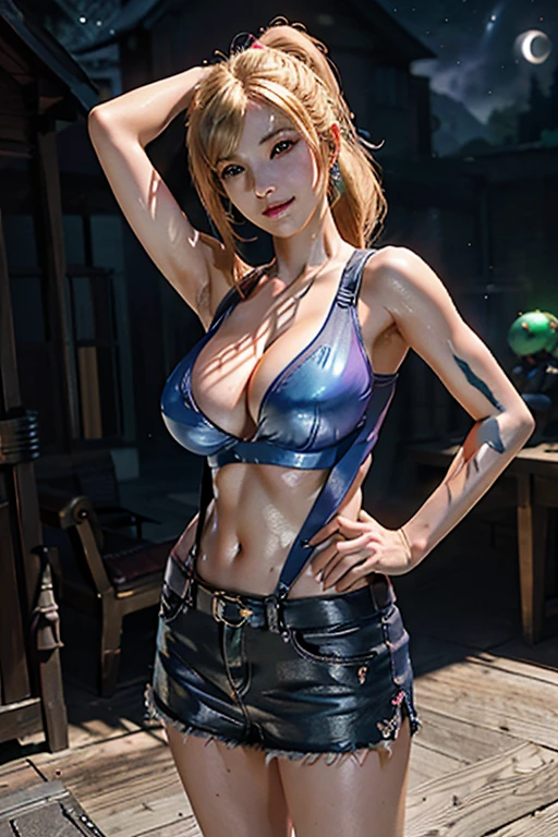 (8k, best quality, masterpiece:1.2), ultra-detailed, 1 girl,cute, solo, (huge breasts:1.5),(beautiful detailed eyes), (smile:1.2), (closed mouth), erotic pose, dancing, depth of field, dark intense shadows, sharp focus, good composition, glowing lights, full body, head rest, lips, pretty face, (night:1.3), intricate, bokeh, cinematic lighting, photon mapping, radiosity, physically-based rendering, (Tetsuya Nomura style), nsfw, perfect breasts, Samus Aran, super metroid, blonde hair in a ponytail, hair bangs, blue eyes, black miniskirt, white tanktop, suspenders, earrings