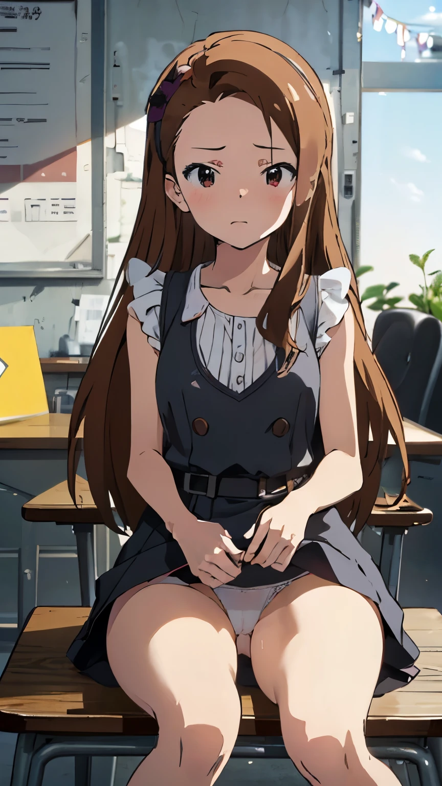 8k, A masterpiece of softcore pornography shot by Kishin Shinoyama, Bast quality,big, RAW Photos, (Ultra-thin contour lines), (1 girl), iori minase, Idol Master, Dark brown eyes, Highlight Eye, Dark brown hair, Disheveled Hair, Professional Lighting, (Glowing Skin: 1.2), shiny big, ((Highest quality)), Sharp focus: 1.2, Highly detailed face and skin texture, fine grain, Perfect Face, Perfect body, Blur Art, CG, background, milk, in front (, Cool and beautiful girl face), wear ((one piece)), thigh), blush, (Porn Cosplayer), (Camel Toe, White panties), Gravure idol style table, She pulled up her skirt to avoid the heat..、I sat on the desk with my knees raised...。., My favorite girl, Browsing Caution,