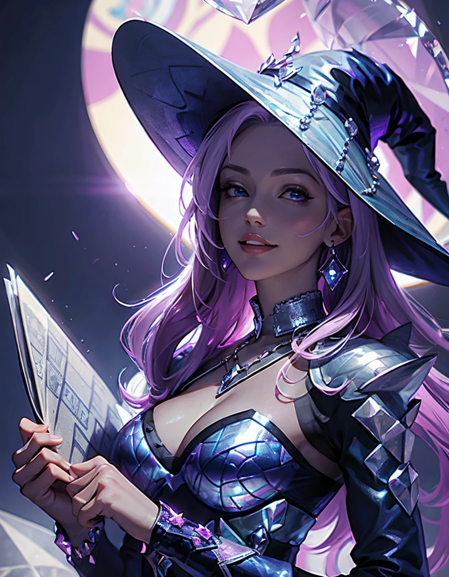 Detailed textures, high quality, high resolution, high accuracy, realism, color correction, correct lighting settings, harmonious composition. the cover of the art book harlequin dreamer with witch costume and futuristic background, 1girl, breasts, witch hat, hat, smile, parted lips, jewelry, earrings, solo, cleavage, gem, holding, looking at viewer, long sleeves, purple hair, blue gemstone, witch,artoria caster (third ascension),Circle Magical Circle Mantra,magic,@muireann_nolan,white hell