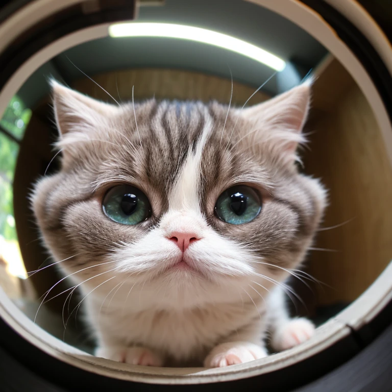 Munchkin kitten。Deforms the face with a fisheye effect。Cute expression。Angle from the same perspective as the animals。The background is also real。It is made with great attention to detail.。8k。