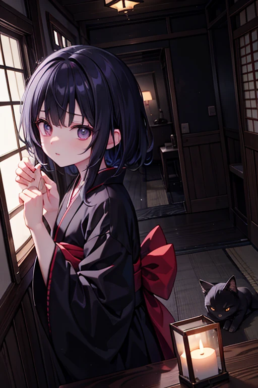 horror anime style, super fine illustration, masterpiece,best quality,highly detailed, dynamic angle, beautiful detailed, 8k, On a summer night, in Japanese-style room,scary ghost is having a feast. BREAK she talk about ghost stories around candles, having a horror time.Break kimono,score up_9,break psychic,trauma,scary ghost face,Break black cat,Broken Window,White Hand,呪怨Break horror horror horror,dark dark dark,