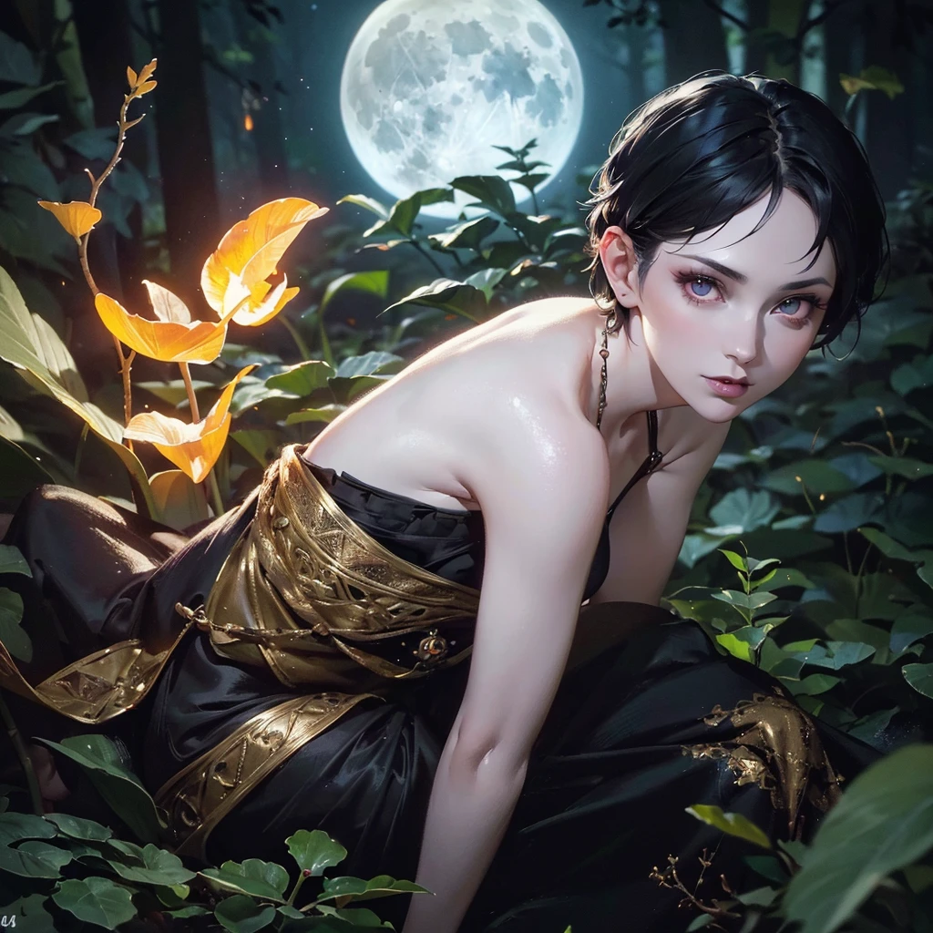 1 woman witch, black pixie cut hair, alternative hairstyle, pale skin, delicate feminine mouth, small amber eyes, magic mushrooms on forest floor, praying, full moon in night sky, (best quality,4k,8k,highres,masterpiece:1.2),ultra-detailed,(realistic,photorealistic,photo-realistic:1.37),portraits,fantasy,magic,vibrant colors,cinematic lighting