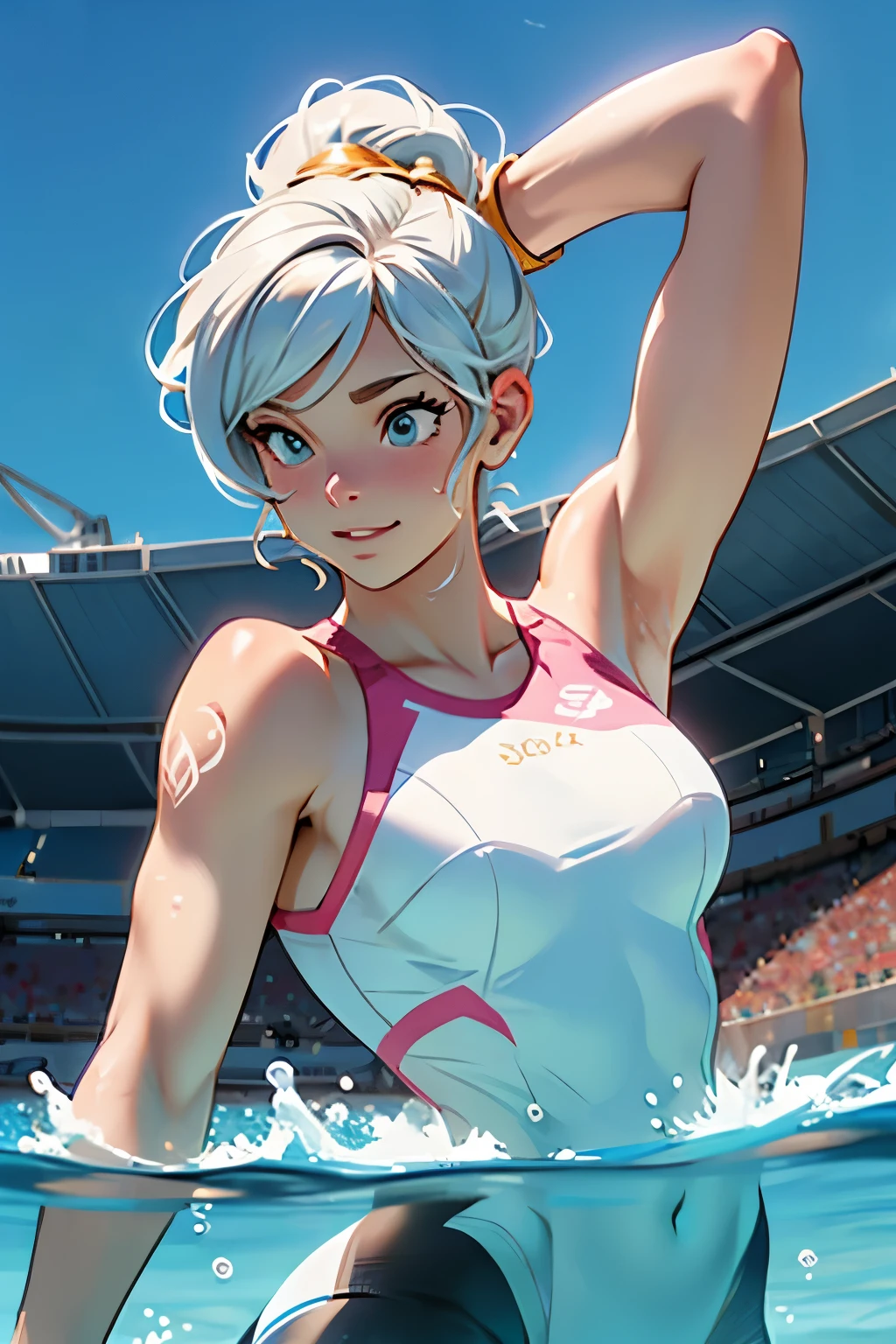 a funny cartoon of aphrodite at the olympic games, practicing swimming