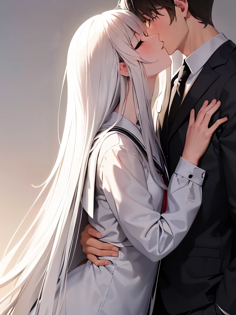 A long white hair girl wearing a school clothes kissing a boy