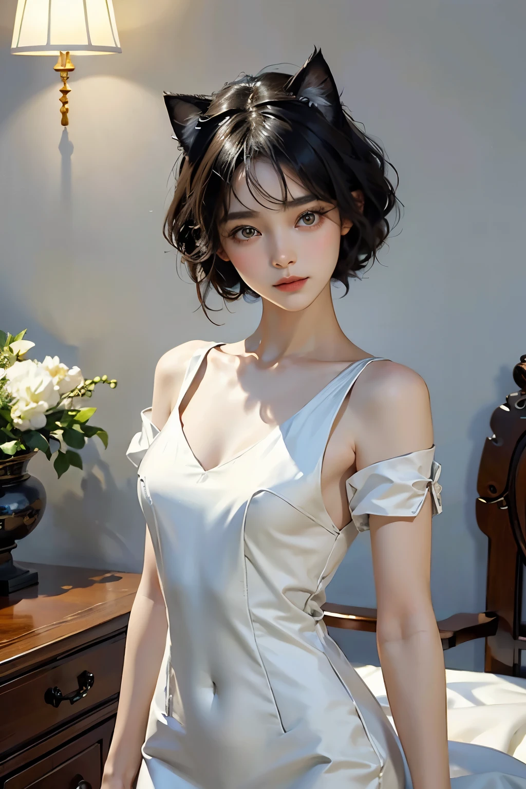 (Highest quality, masterpiece, High resolution)、4k anime art、(One Girl)、(whole body:1.4)、 (Detailed depiction of a cute face)、Black Hair、short hair、semi-long、Bobcut、Hair Bun、hair ornaments、(Cat ear)、(China dress:1.4)、セクシーなミニChina dress、Captivating smile、Small breasts、Cinematic Light、Soft Light、(indoor、dim、lamp)、(Simple Background)、((Blank Background))、