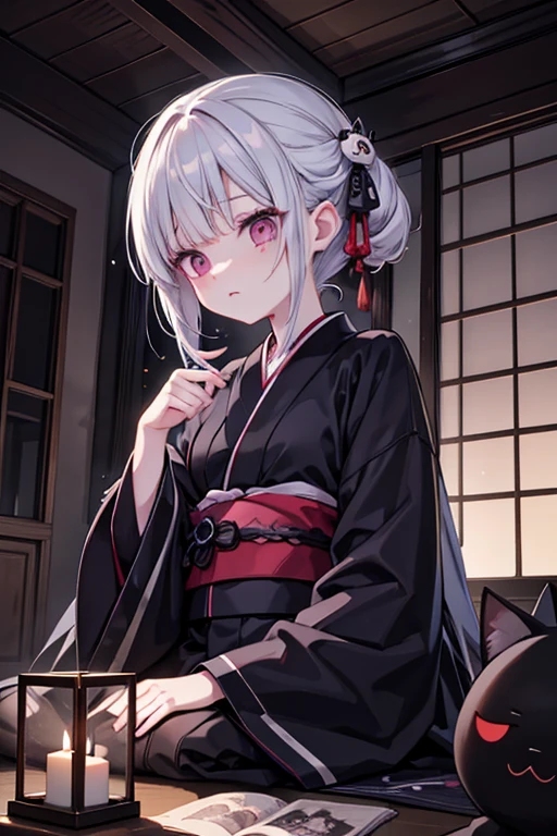 horror anime style, super fine illustration, masterpiece,best quality,highly detailed, dynamic angle, beautiful detailed, 8k, On a summer night, in Japanese-style room,scary ghost is having a feast. BREAK she talk about ghost stories around candles, having a horror time.Break kimono,score up_9,break psychic,trauma,scary ghost face,Break black cat,Broken Window,White Hand,呪怨Break horror horror horror,dark dark dark,