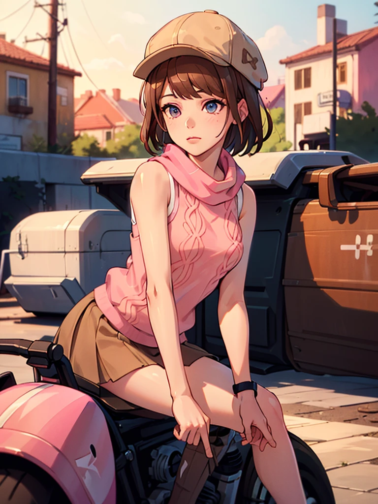 masterpiece, highest quality, (solo focus), (perfect face:1.1), (high detail:1.1), 1girl, brown hair, ((Neapolitan colored outfit)), (pink, cream, and brown clothes), large scarf, sleeveless knit sweater, short skirt, ((pink fiddler cap)), rifle on back, detailed background, wasteland, leaning on motorcycle, ashes, cinematic lighting,
