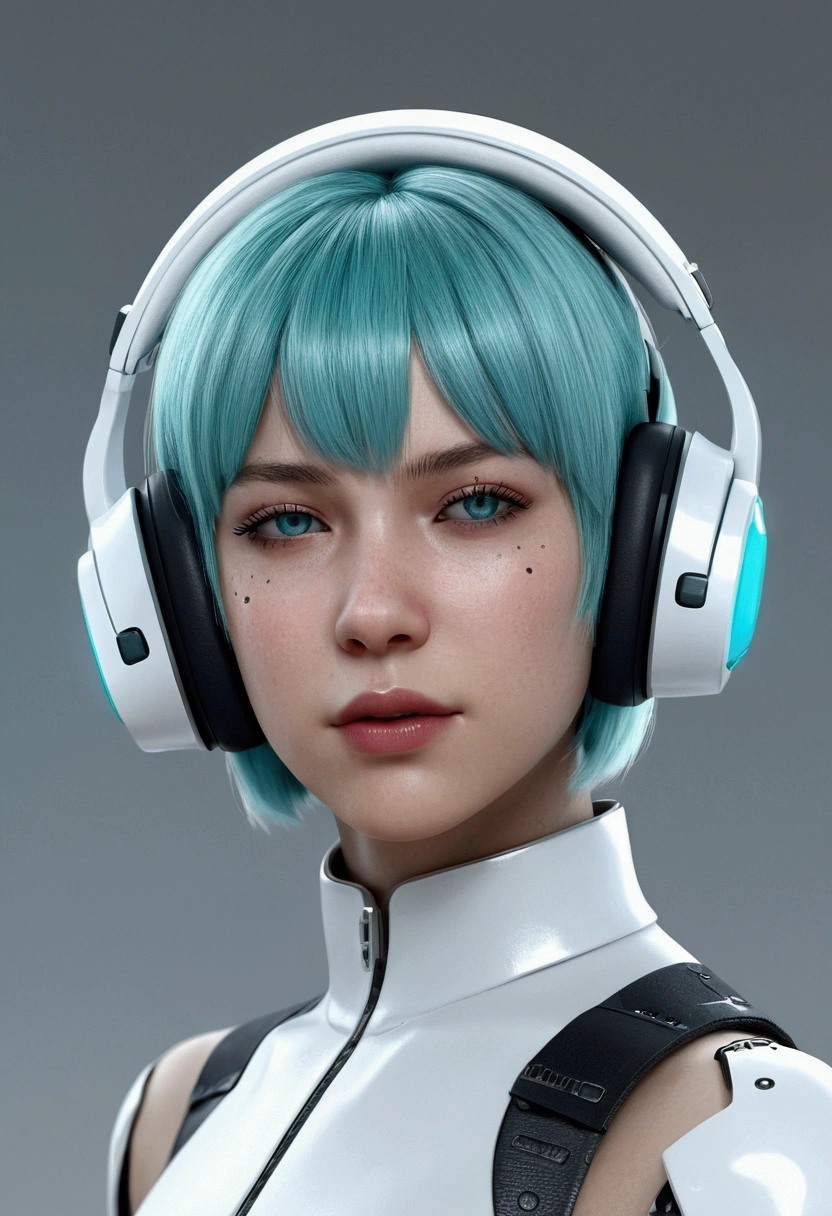 frutgier aero, girl ,bobcut, bangs, cyan,white , realistic, good render,portrait,cyborg,headphones,white hair,futuristic, visor,white lipstick,closed eyes,front view