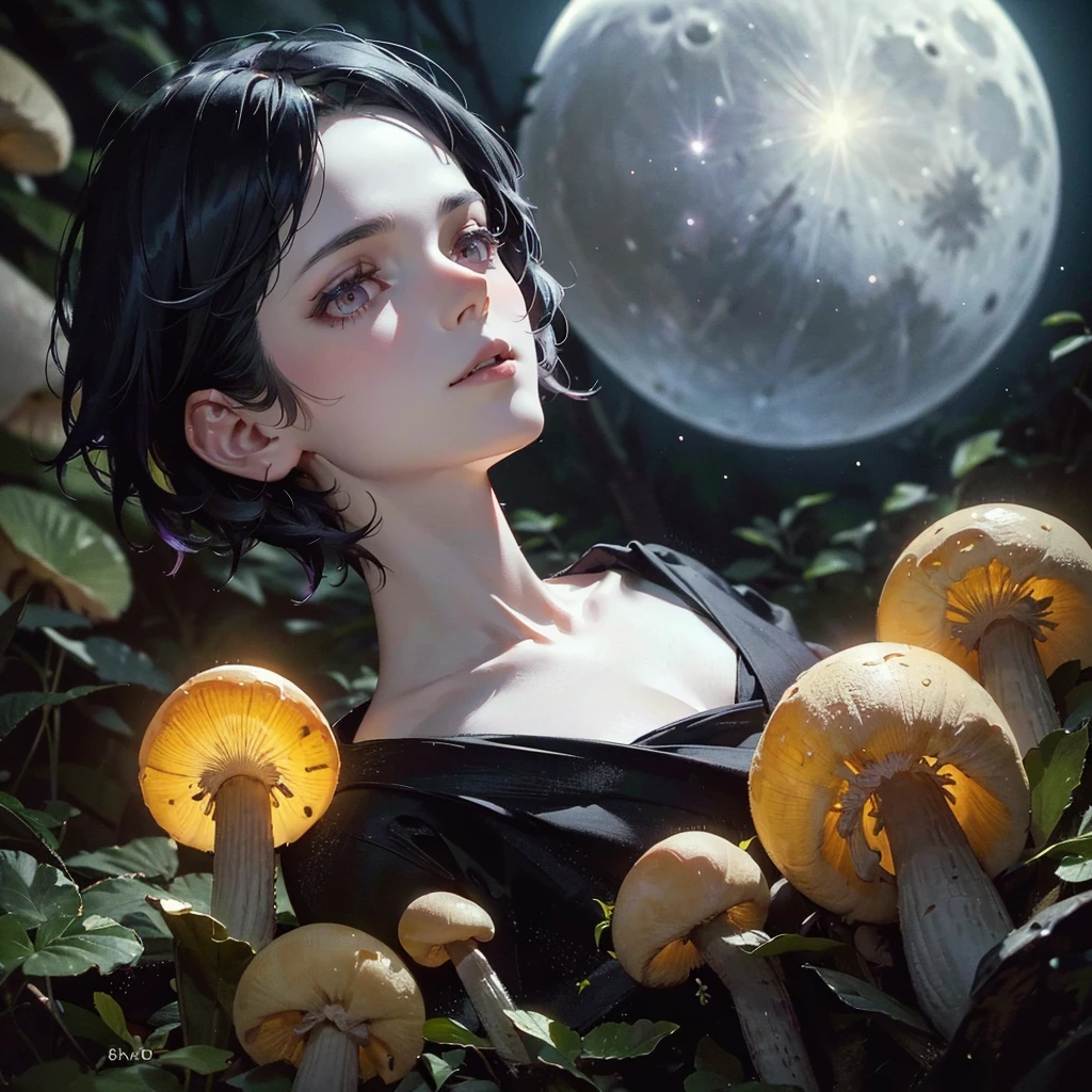 1 woman witch, black pixie cut hair, alternative hairstyle, pale skin, delicate feminine mouth, small amber eyes, magic mushrooms on forest floor, praying, full moon in night sky, (best quality,4k,8k,highres,masterpiece:1.2),ultra-detailed,(realistic,photorealistic,photo-realistic:1.37),portraits,fantasy,magic,vibrant colors,cinematic lighting