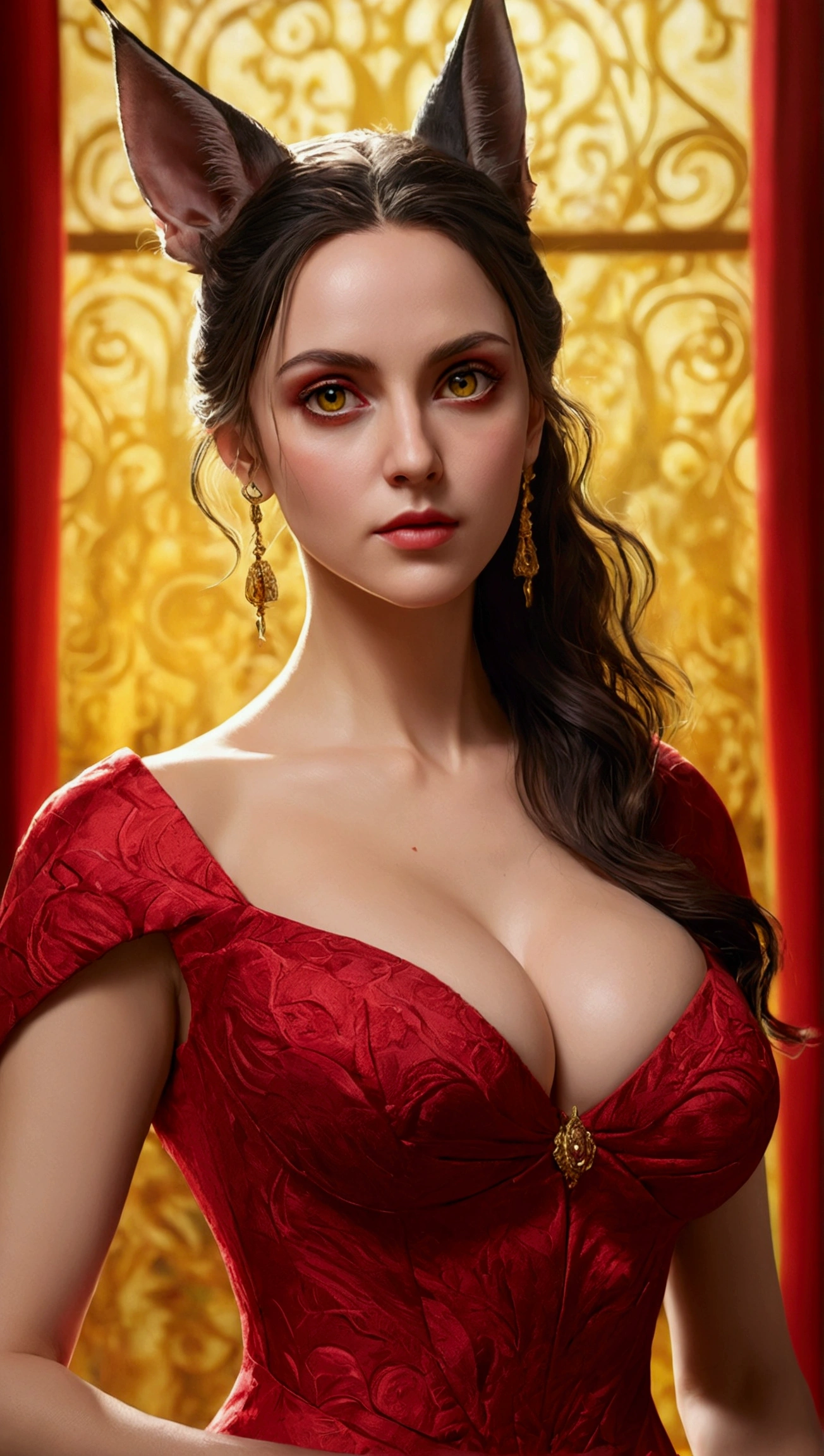 masterpiece, highres, best quality, highly detailed, wallpaper, painterly, brush strokes, pointy ears, yellow eyes, slit pupils, beautiful woman, large breasts, red dress, 30 años , traseto perfecto