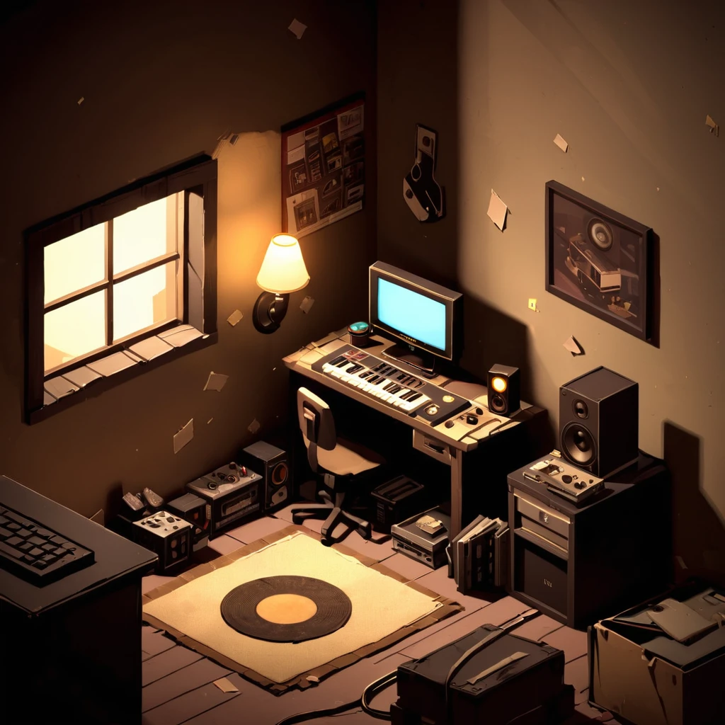 no humans, isometric game background, teenage boy's room, messy, dark, lit from the window, gaming computer, bass propped against wall, sepia tones, 