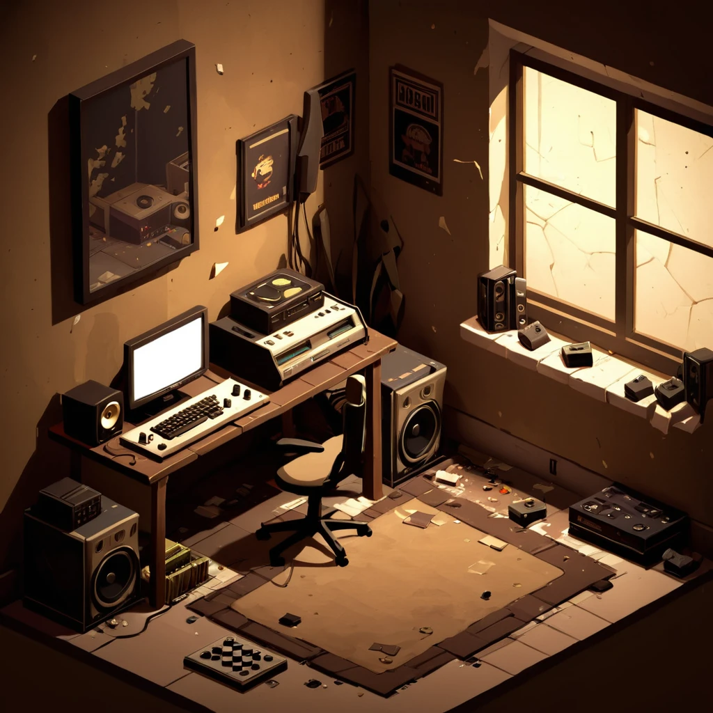 no humans, isometric game background, teenage boy's room, messy, dark, lit from the window, gaming computer, bass propped against wall, sepia tones, 