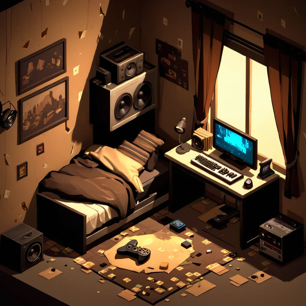 no humans, isometric game background, teenage boy's room, messy, dark, lit from the window, gaming computer, bass propped against wall, sepia tones, 