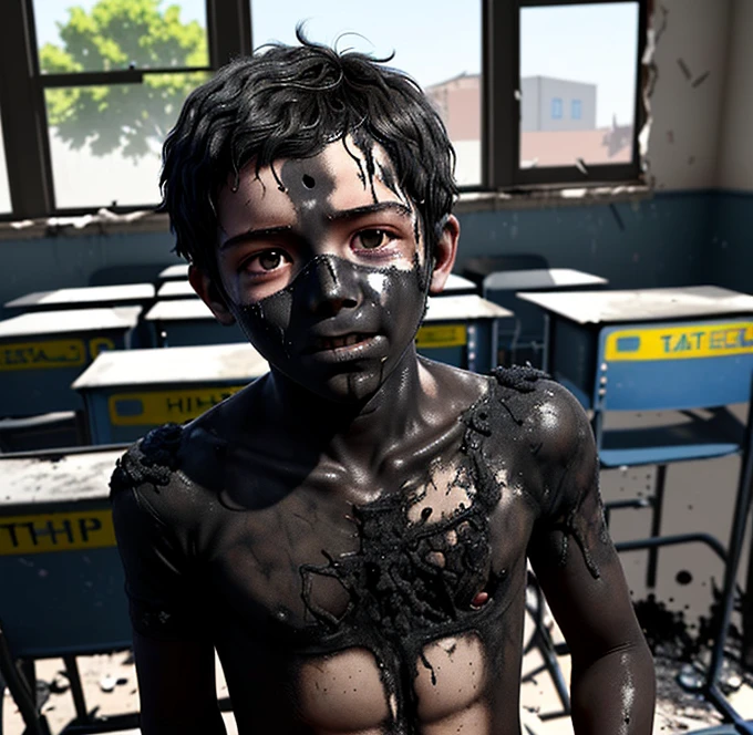 A boy is charred and covered in soot after a bomb explodes in a classroom