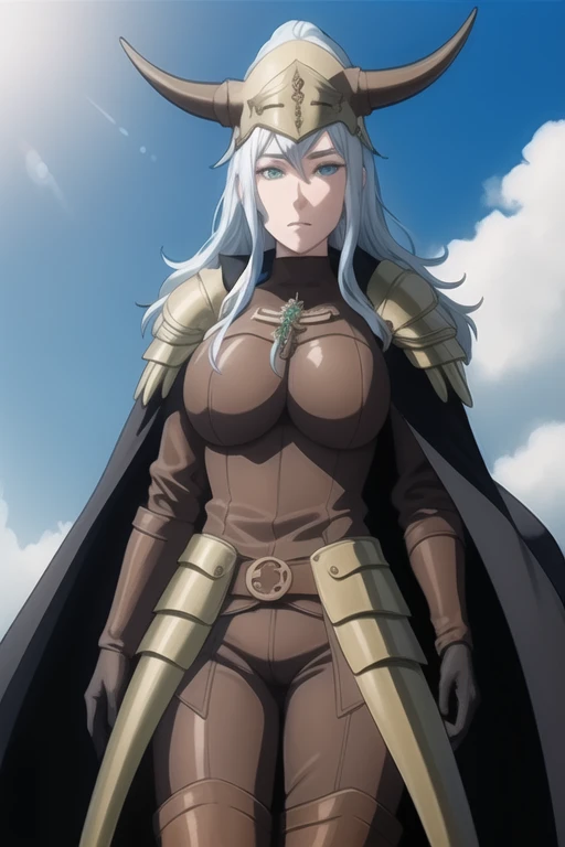 (high quality:1.2), intricate detailed, colorful,
VanessaCromwell, 1girl, mature female, solo, cowboy shot,
looking at viewer, determined,
white hair, long hair, green eyes,
armor, breastplate, shoulder armor, bodysuit, horned helmet, gloves, cape, cloak, (cape covering body 1.2)
large breasts,
outdoors, sky, cliff,