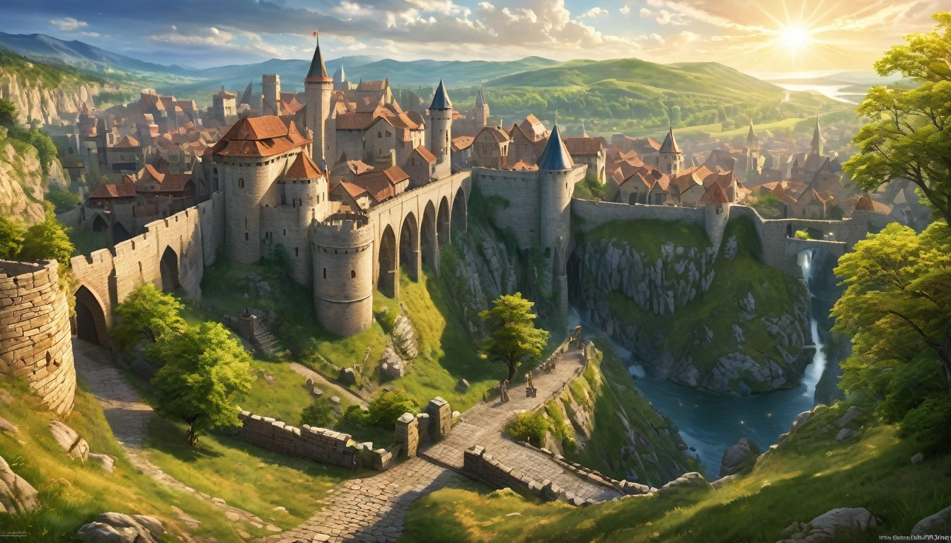 (anime, fantasy, kingdom of heaven), (best quality, highres, HDR:1.2), vibrant colors, medieval atmosphere, DnD map, stone city wall, intricate, medieval beauty, fantastical landscapes, point of interest, ethereal light, general shot