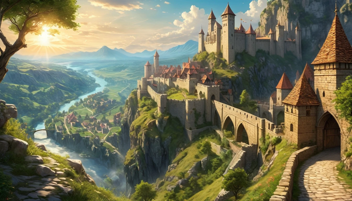 (anime, fantasy, kingdom of heaven), (best quality, highres, HDR:1.2), vibrant colors, medieval atmosphere, DnD map, stone city wall, intricate, medieval beauty, fantastical landscapes, point of interest, ethereal light, general shot