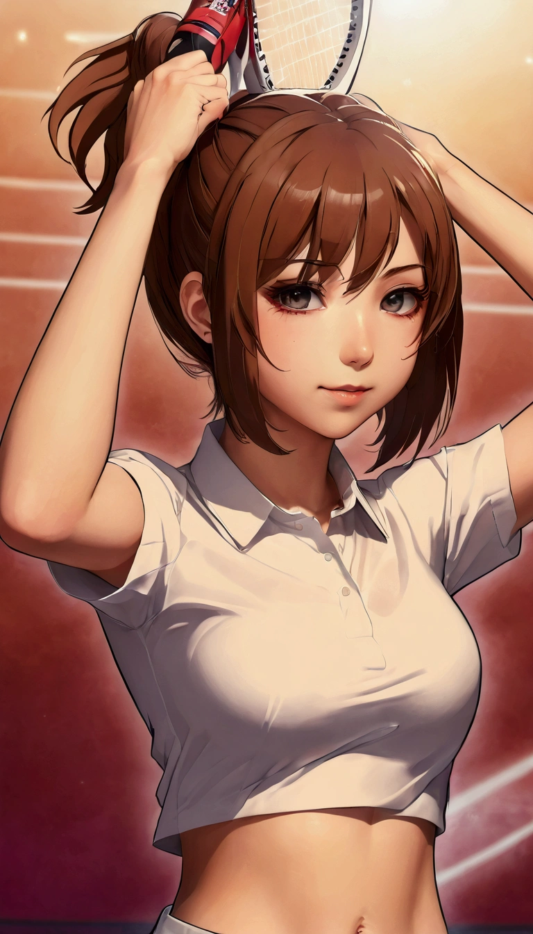 anime girl with ponytail hair and white shirt holding a tennis racket, makoto, attractive anime girl, seductive anime girl, anime portrait of shiina ringo, female protagonist 👀 :8, makoto shinka, ilya kuvshinov style, portrait anime girl, (anime girl), smooth anime cg art, female anime character, an anime girl, anime best girl