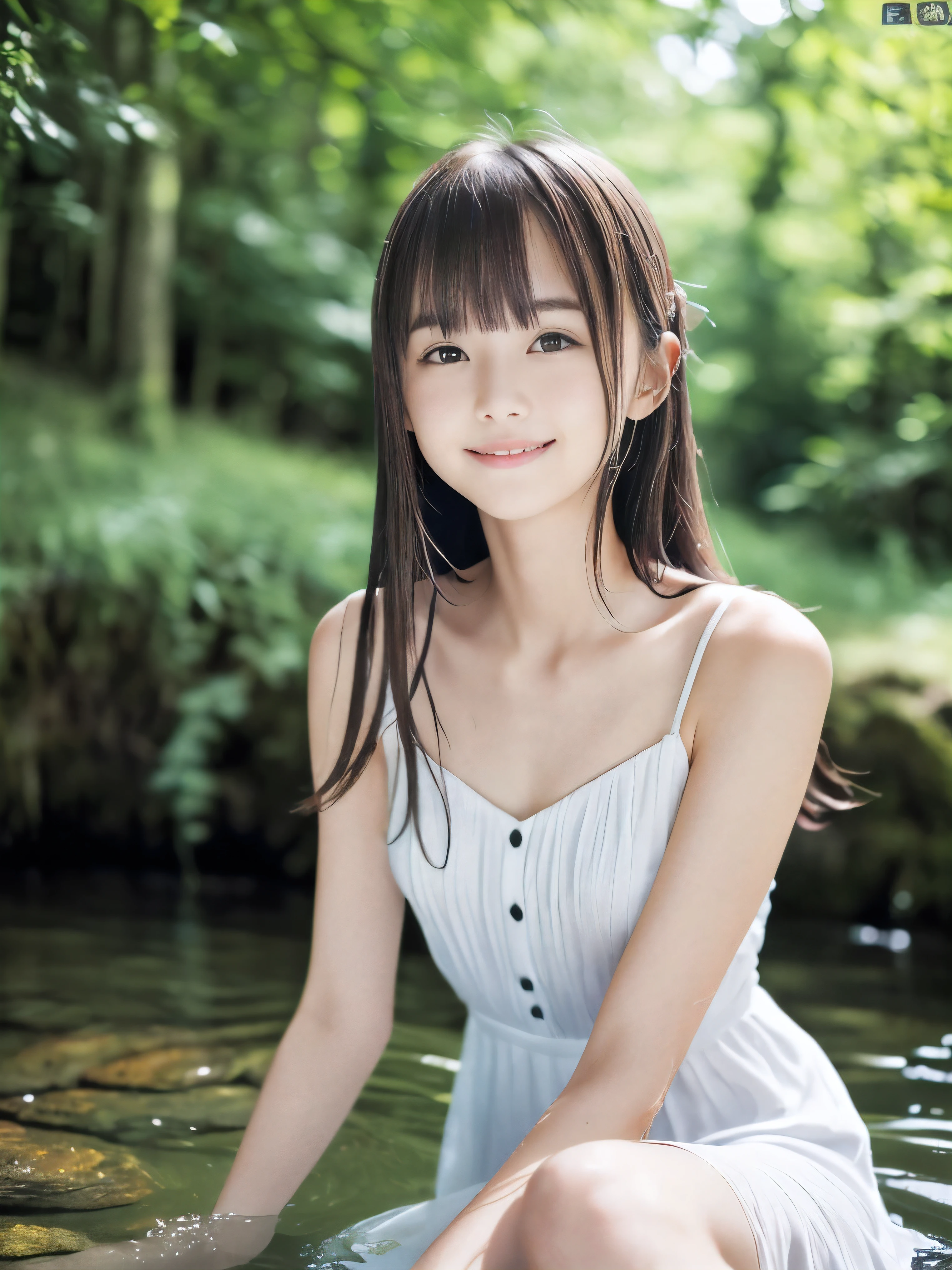 (Close up portrait of slender small-breasted half up brown long hair with bangs girl wearing a white summer dress:1.5)、(One girl is playing with small smile in the clear stream and water fall at the forest in Japan:1.5)、(Summer beautiful blue sky and forest:1.5)、(blurred background:1.5)、(8k ultra detailed master piece:1.5)、(perfect anatomy:1.5)、(Photorealistic stick:1.5)、(Raw photo:1.3)、(highest quality:1.5)、(High resolution:1.3)、(Delicate and beautiful perfect face:1.3)、(Delicate and beautiful eye air skin:1.3)、(Real Human Skin:1.3)、((thin legs))