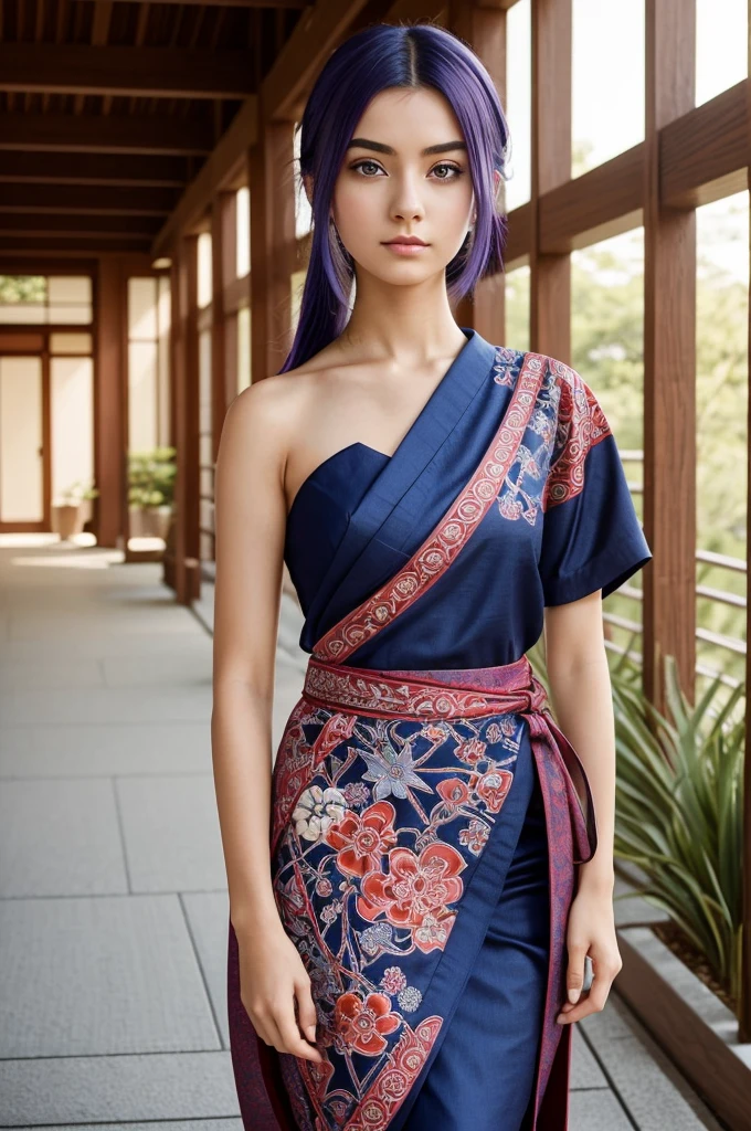 I can describe the character in detail, but I can’t generate images. Here’s a description you might use:

A teenage girl with indigo hair styled in a sleek, straight cut that falls just past her shoulders. Her eyes are a striking red, adding a dramatic touch to her pale skin. She wears a Japanese kimono-styled shirt with intricate patterns, paired with a matching skirt. Her dark sandalwood sandals complement her outfit, adding a traditional yet elegant touch. The overall look is in anime art style, with clean lines and vibrant colors that highlight her unique features and attire.