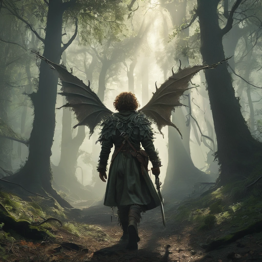 A back view of a curly brown-haired boy walks cautiously through a dark, foreboding forest in the afternoon. The dense canopy overhead allows only slivers of sunlight to pierce through, casting eerie shadows on the forest floor. The boy, dressed in ragged medieval clothing, holds a bow as a weapon. The twisted trees loom ominously around him, their gnarled branches resembling grasping hands. In the distance, faint whispers and the rustling of unseen creatures heighten the sense of danger and mystery in this medieval dark fantasy setting.