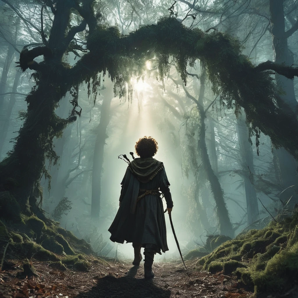 A back view of a curly brown-haired boy walks cautiously through a dark, foreboding forest in the afternoon. The dense canopy overhead allows only slivers of sunlight to pierce through, casting eerie shadows on the forest floor. The boy, dressed in ragged medieval clothing, holds a bow as a weapon. The twisted trees loom ominously around him, their gnarled branches resembling grasping hands. In the distance, faint whispers and the rustling of unseen creatures heighten the sense of danger and mystery in this medieval dark fantasy setting.