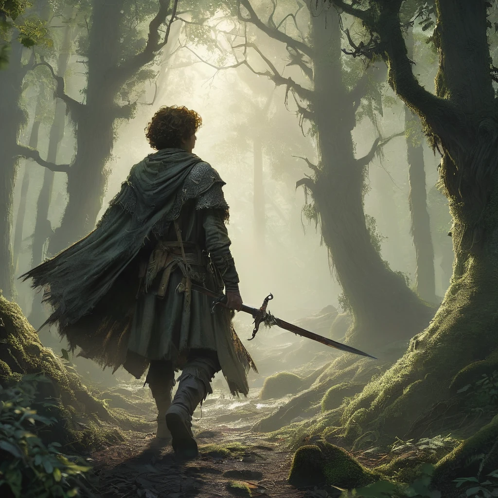 A back view of a curly brown-haired boy walks cautiously through a dark, foreboding forest in the afternoon. The dense canopy overhead allows only slivers of sunlight to pierce through, casting eerie shadows on the forest floor. The boy, dressed in ragged medieval clothing, holds a bow as a weapon. The twisted trees loom ominously around him, their gnarled branches resembling grasping hands. In the distance, faint whispers and the rustling of unseen creatures heighten the sense of danger and mystery in this medieval dark fantasy setting.