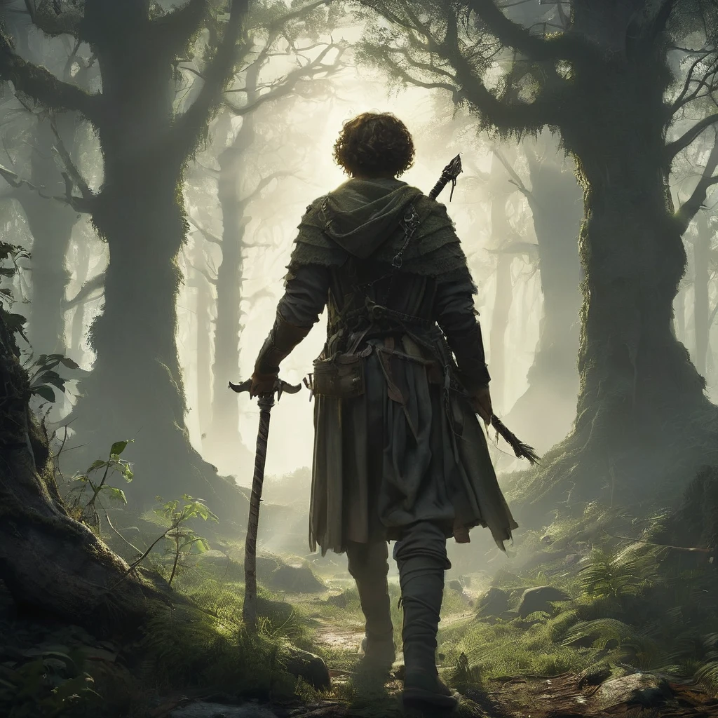 A back view of a curly brown-haired boy walks cautiously through a dark, foreboding forest in the afternoon. The dense canopy overhead allows only slivers of sunlight to pierce through, casting eerie shadows on the forest floor. The boy, dressed in ragged medieval clothing, holds a bow as a weapon. The twisted trees loom ominously around him, their gnarled branches resembling grasping hands. In the distance, faint whispers and the rustling of unseen creatures heighten the sense of danger and mystery in this medieval dark fantasy setting.