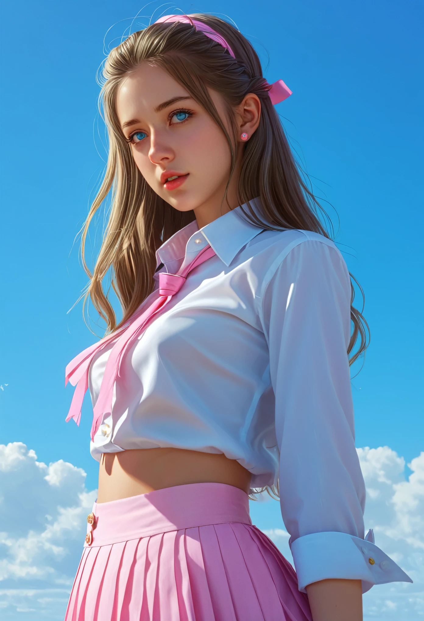 (detailed beautiful eyes and detailed face, masterpiece side light, masterpiece, best quality, detailed, High resolution illustrations), (1 girl, beautiful girl, Glowing skin, look down, Looking at the audience), ( Sky blue long hair, Pink Eyes, skirt, Ribbon, Button-down shirts) 45 degrees, top view,  sideways, (Hand details)