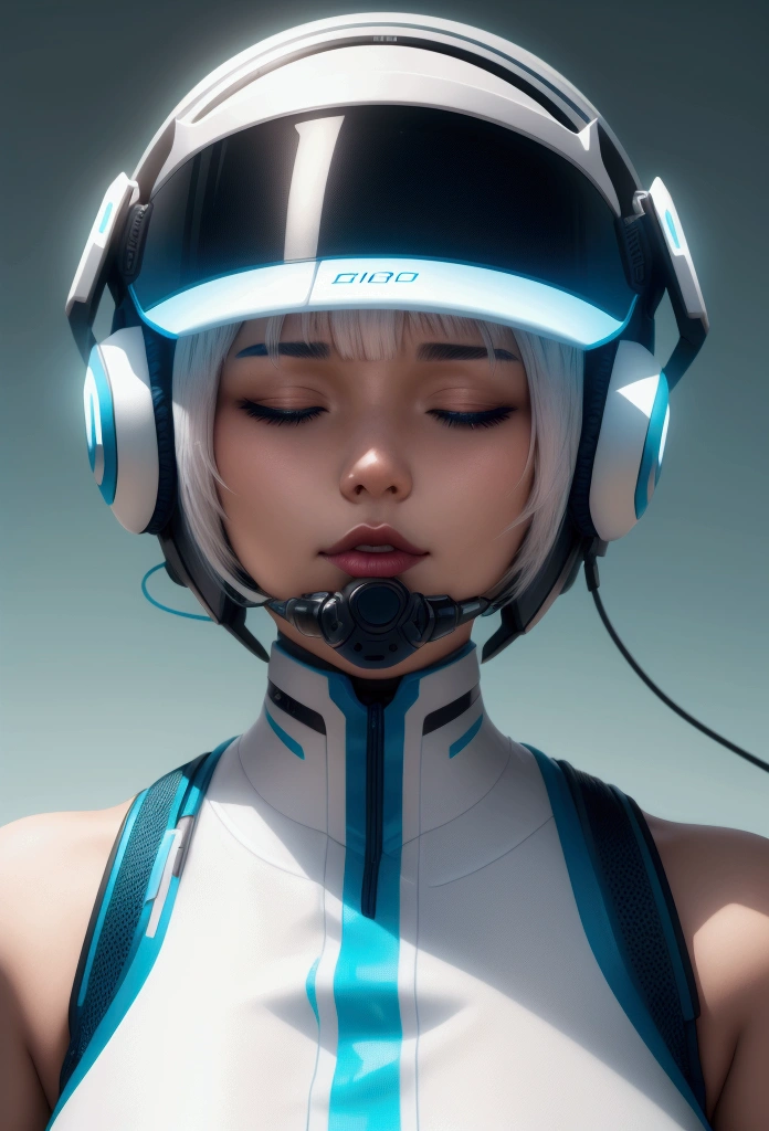 frutgier aero, girl ,bobcut, bangs, cyan,white , realistic, good render,portrait,cyborg,headphones,white hair,futuristic, visor,white lipstick,closed eyes,front view