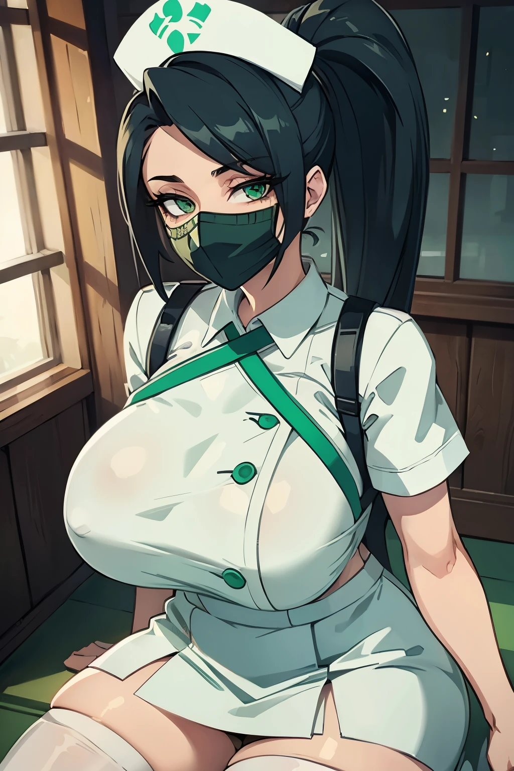 (Masterpiece, Best quality:1.1), akali, ponytail, green eyes, white nurse mask, viewer_pov, nurse, huge breasts, white nurse dress, nurse cap, white skirt, white thighhighs
