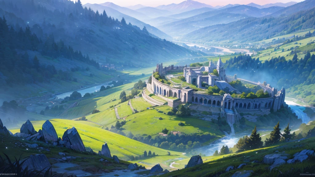 a beautiful earth kingdom, intricate fantasy landscape, rolling hills, lush forests, flowing rivers, majestic mountains, ancient ruins, glowing crystals, warm lighting, vibrant colors, cinematic composition, dramatic lighting, photorealistic, 8k, highly detailed, masterpiece