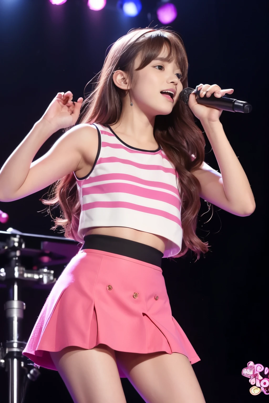 a girl Brown Long Hair, singing on stage, with one leg raised on the iron, wearing a pink singlet with a red striped mini skirt. many viewers recorded videos from below.
