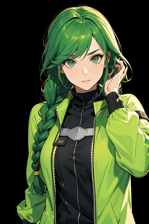 Free fire gamer style female character. With hair with two braids. In a green outfit with black background