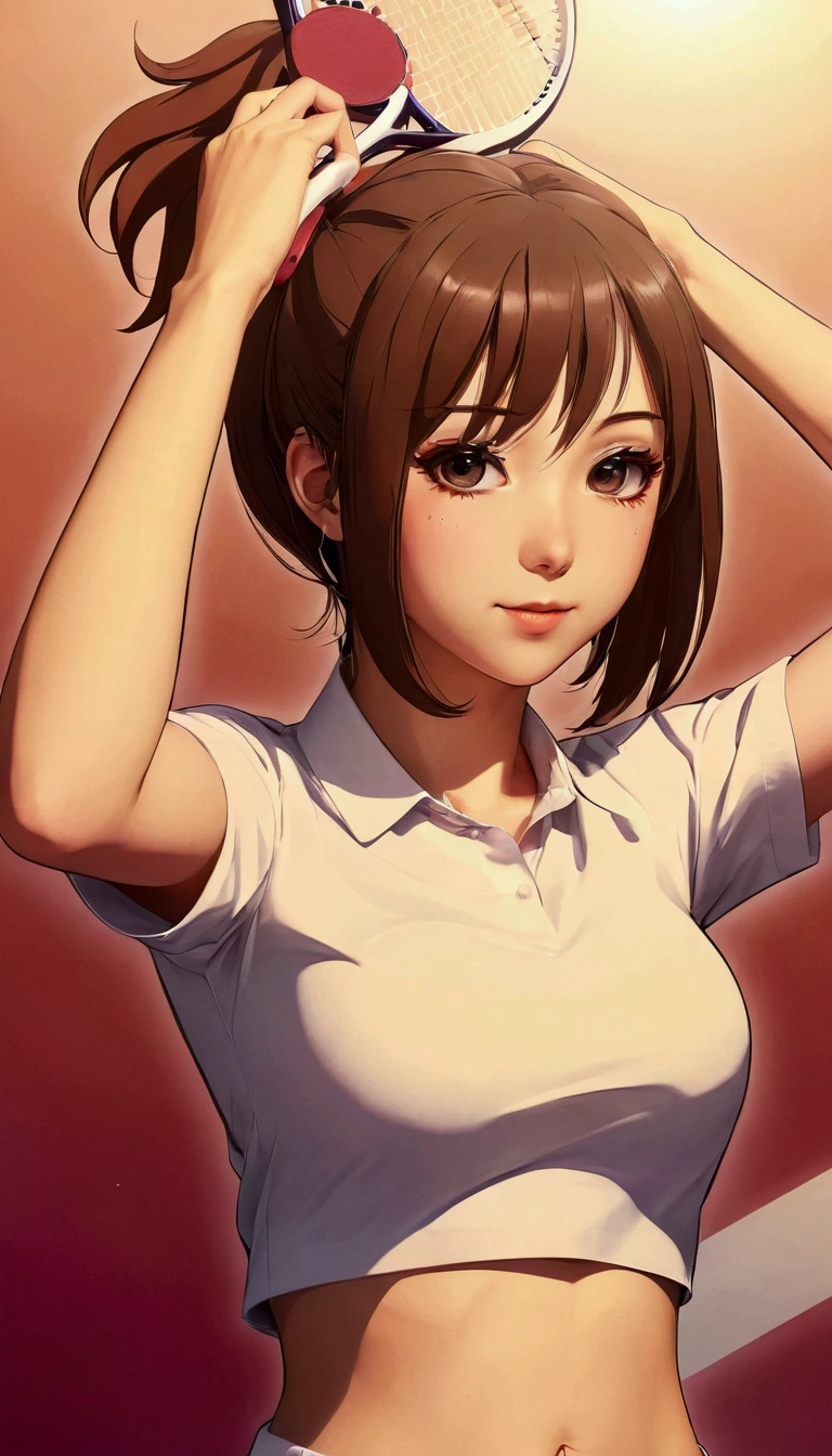 anime girl with ponytail hair and white shirt holding a tennis racket, makoto, attractive anime girl, seductive anime girl, anime portrait of shiina ringo, female protagonist 👀 :8, makoto shinka, ilya kuvshinov style, portrait anime girl, (anime girl), smooth anime cg art, female anime character, an anime girl, anime best girl