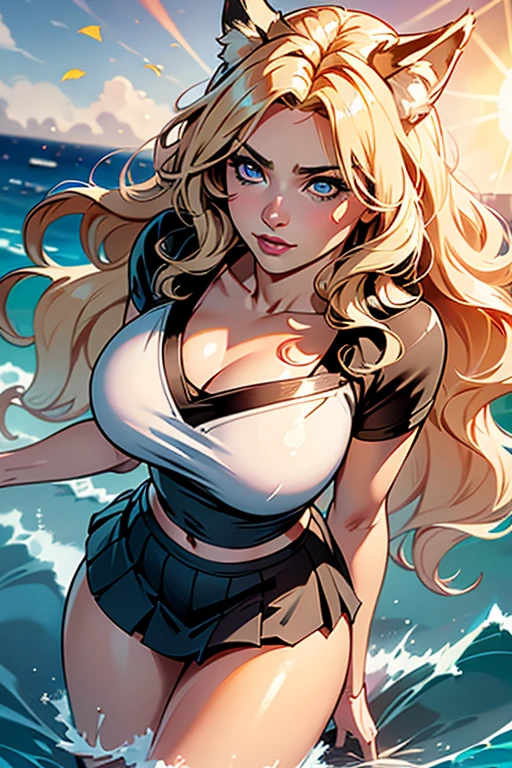 master part, best quality,  wolves, chic, 1girl, orelhas de wolves, Cauda de wolves, fluffly, Corou, Looking at Viewer, From  above, wavy blond hair, mini skirt, white and black striped t-shirt, blue colored eyes, Beautiful  eyes, beautiful background, light particles, Sun'rays, dramatic lighting, Outside, shiny, Realistic, master part, best quality, ultra detali, circunstanciado, scenecy, beautiful detailed eyes, detailed hair