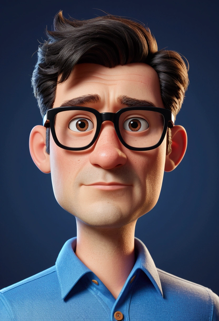 pixar Cartoon character of a man in black glasses and blue shirt, an animated character, stylized character, animation style rendering, 3d