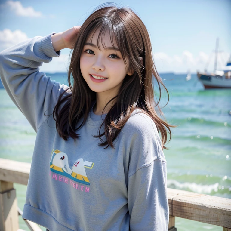 Cute female idol, (21 years old:1.2), (blush:1.2), happy smile, (shyly lovingly facial expression:1.2), a expressive woman,Blunt bob,Brunette, Athleisure Comfy sweatpants in a soft grey fleece material, Calm sky with sailboats on the horizon,Middle Ages, Grunge style Textured distressed vintage edgy punk rock vibe dirty noisy, style by Misha Gordin,bokeh professional 4k highly detailed, Fujichrome Provia 100F, split lighting