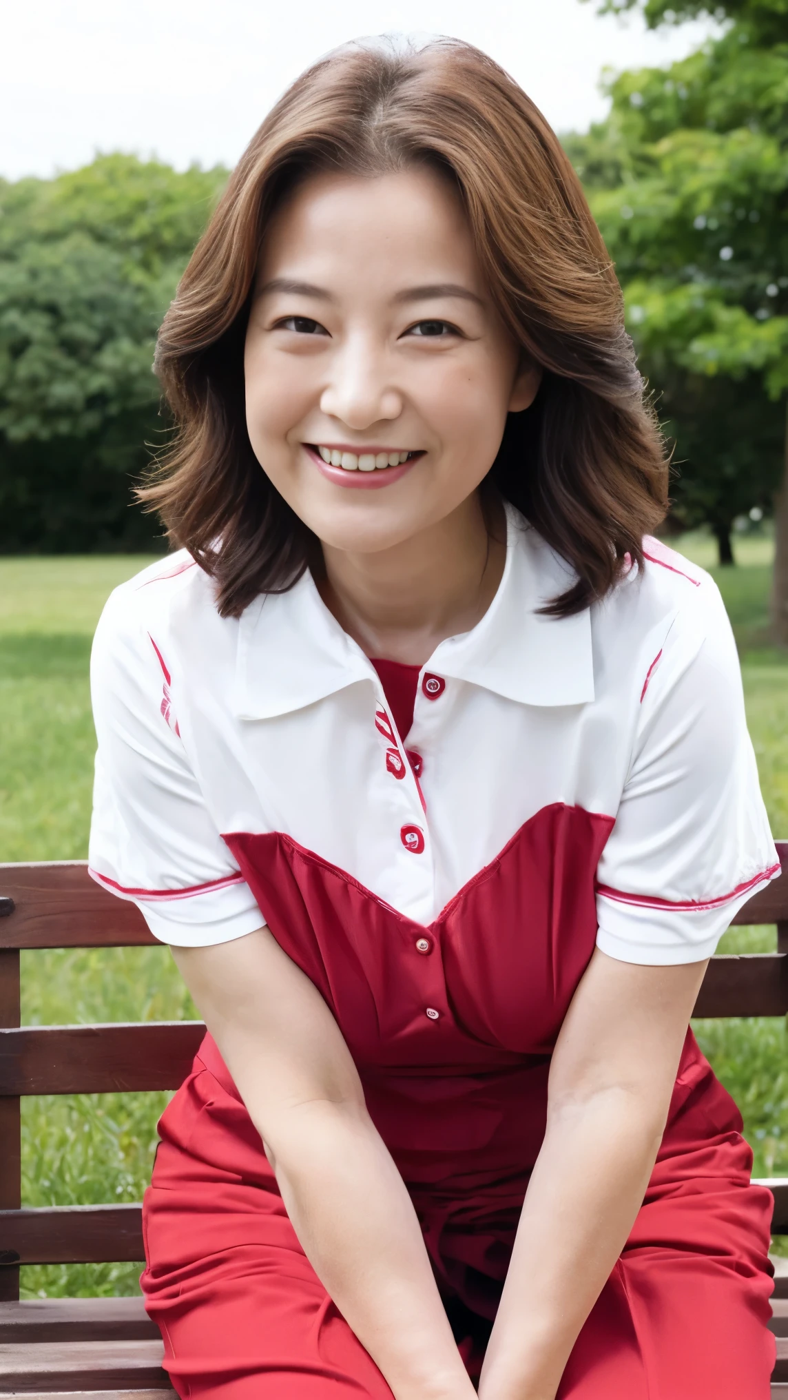 Sitting on a park bench, Wrinkles around the eyes, Smiling with teeth showing, Plain short-sleeved clothing, senior citizen, Draw lips correctly, Red lipstick, No discomfort, 16K, Highest quality, Very detailed, Realistic, Very detailed肌, (Japanese), (alone), 60 years old, Large Breasts, , Glamour, sexy, Chromo White Skin, Staring straight ahead,