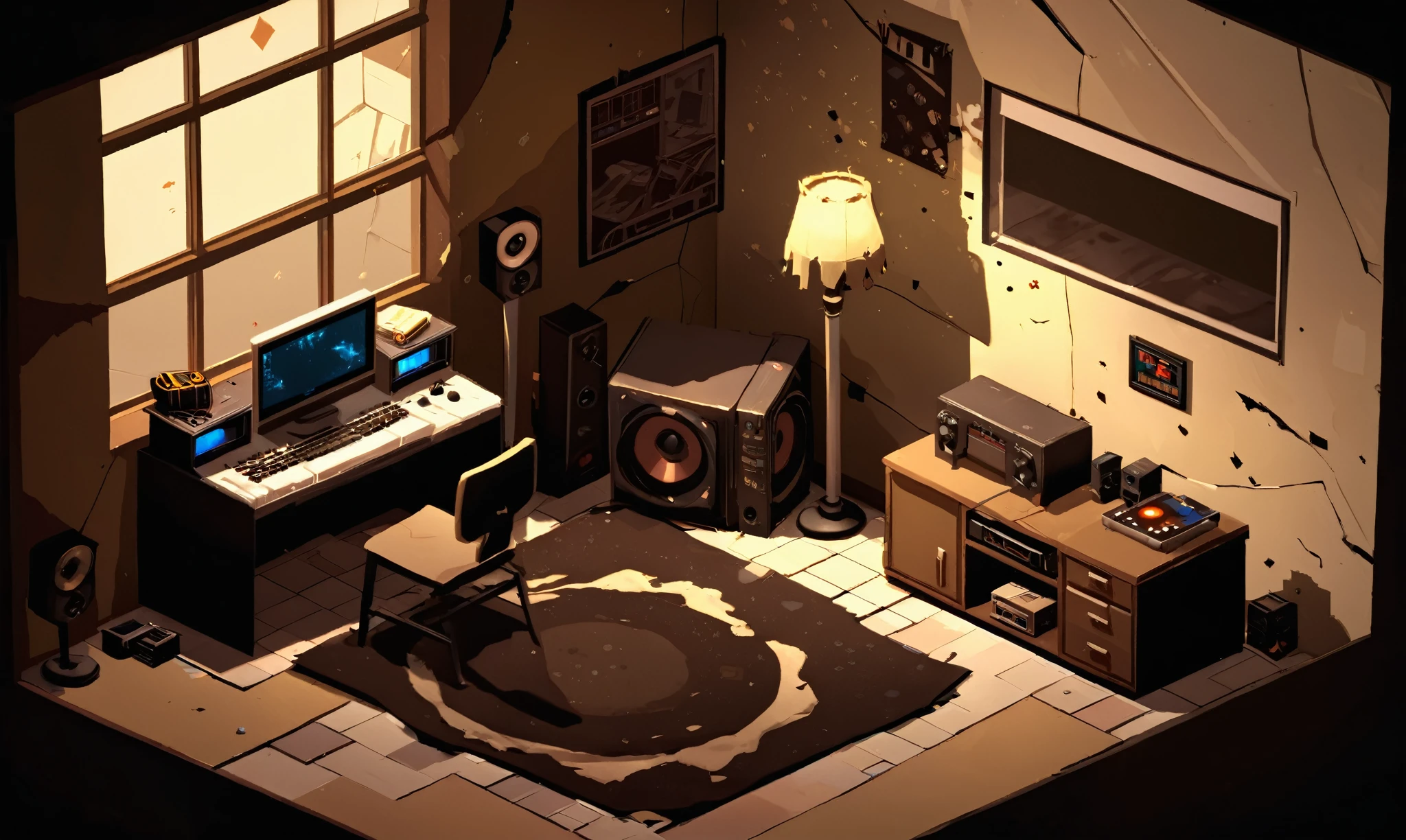 no humans, isometric game background, teenage boy's room, messy, dark, lit from the window, gaming computer, bass propped against wall, sepia tones, 