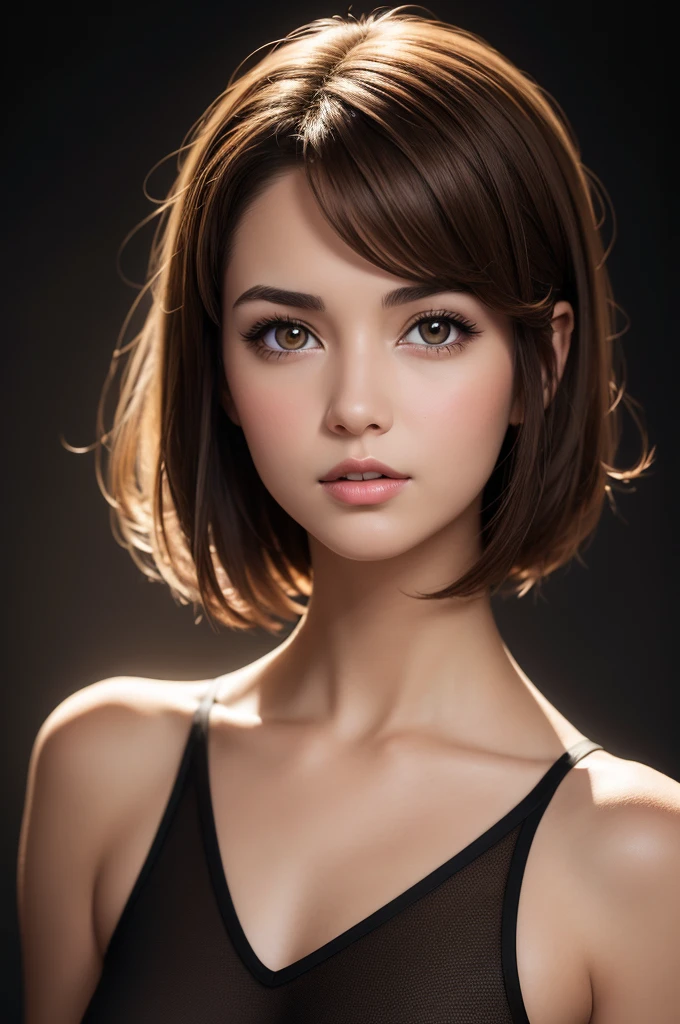 Create a photo of a woman with short brown hair and light brown eyes with a Disney style black background