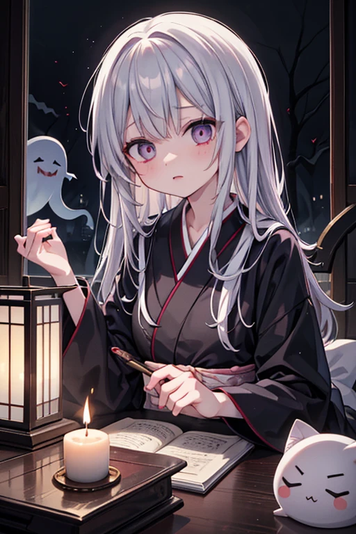 horror anime style, super fine illustration, masterpiece,best quality,highly detailed, dynamic angle, beautiful detailed, 8k, On a summer night, in Japanese-style room,scary ghost is having a feast. BREAK she talk about ghost stories around candles, having a horror time.Break kimono,score up_9,break psychic,trauma,scary ghost face,Break black cat,Broken Window,White Hand,呪怨Break horror horror horror,dark dark dark,
