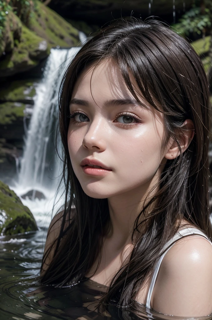 brunette woman in a waterfall, water falling on her.