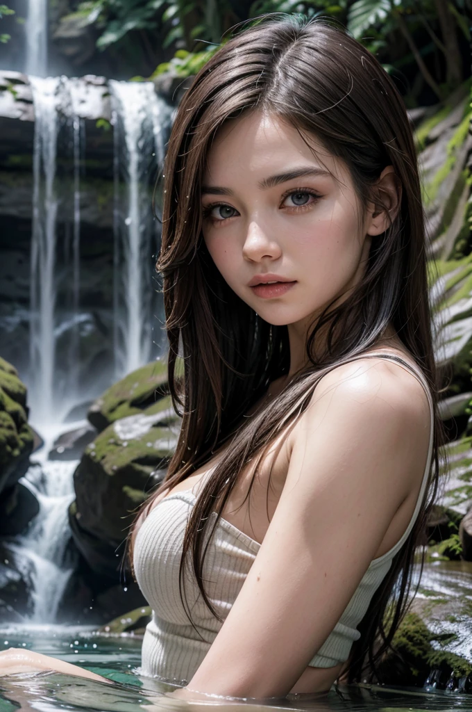 brunette woman in a waterfall, water falling on her.