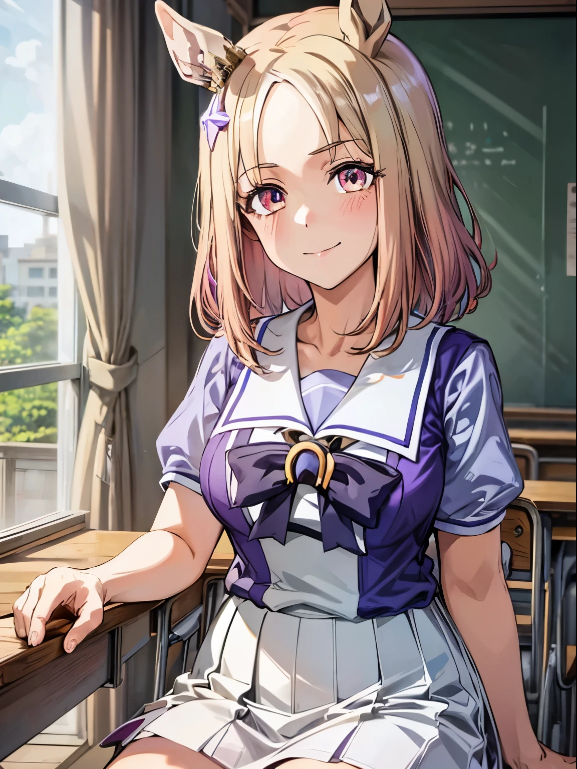 narita top road \(umamusume\), 1 girl, Solo, Cute Girl,Best Quality, Ultra-detailed, 8K, High resolution, detailed face, madeon, looking at viewer, light smile, sitting, summer uniform, in the classroom,