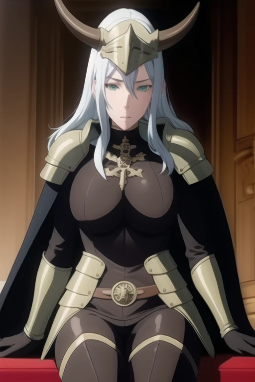 (high quality:1.2), intricate detailed, colorful,
VanessaCromwell, 1girl, mature female, solo, cowboy shot,
looking at viewer, determined,
white hair, long hair, green eyes,
armor, breastplate, shoulder armor, bodysuit, horned helmet, gloves, cape, cloak, (cape covering her arms 1.2)
large breasts,
Room, sitting, couches