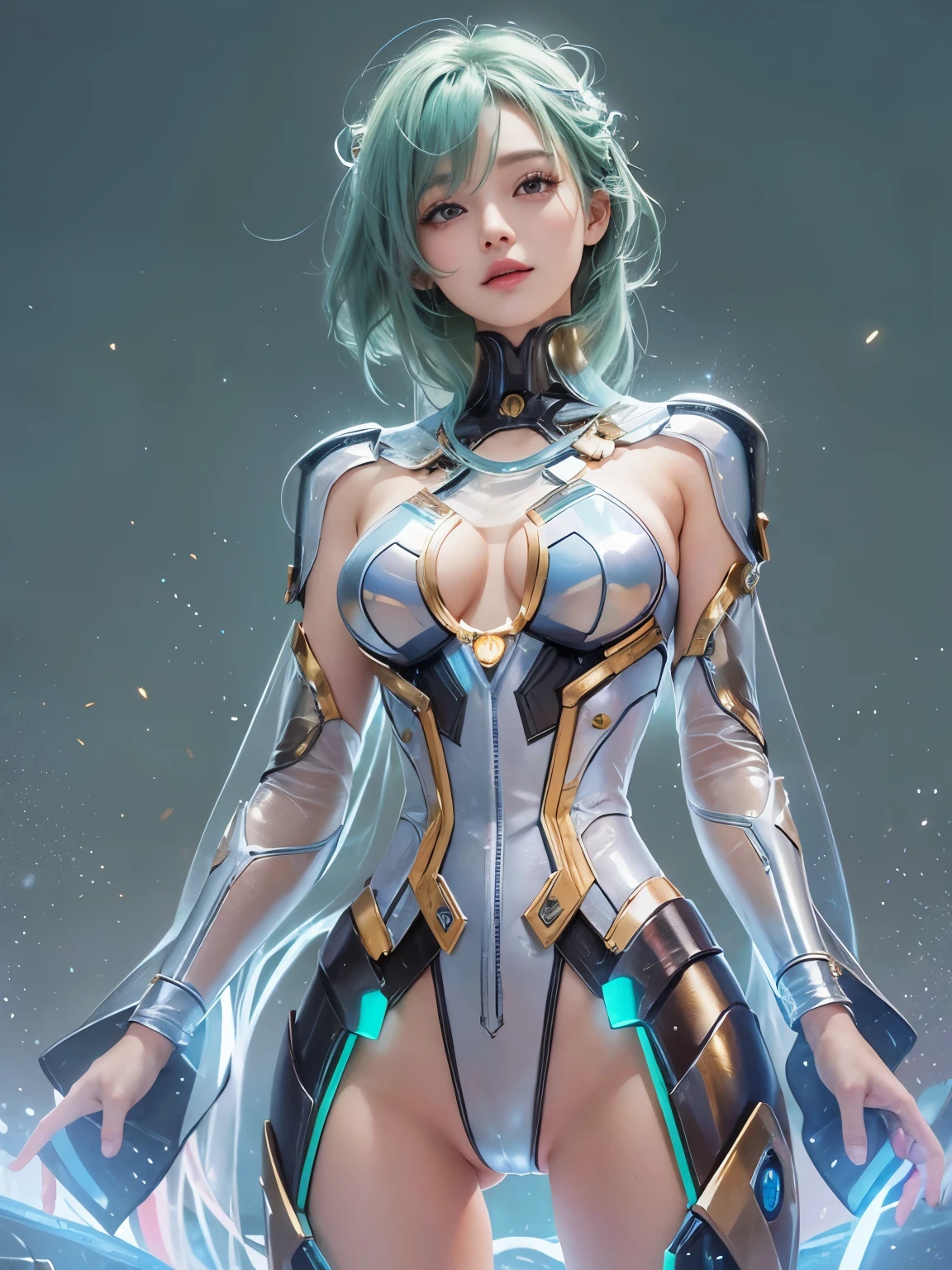 (Highest quality, High resolution, masterpiece:1.2), Very detailed, Realistic:1.37, (Perfect Anatomy),1 girl,,Cute Japanese Girl,28 years old,Standing posture, Cowboy Shot,(Transform into a superheroine),Very cute face,Beautiful Skin,Glowing Skin,Beautiful Eyes,((Laughter)),(Futuristic shiny super tight translucent holographic super sexy heroine plug suit),Attention to detail in the costumes,,cyber necklace,Green Hair,Shortcuts,Idol Makeup,(My body is surrounded by light),Active Pause