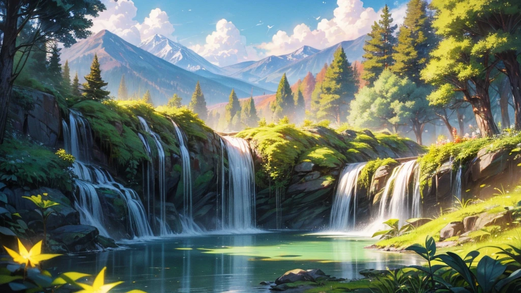 a beautiful lush garden, a serene landscape, breathtaking mountains, a majestic forest, stunning waterfalls, beautiful flowers, intricate foliage, detailed vegetation, sunbeams shining through the trees, peaceful lake, colorful butterflies, detailed wildlife, beautiful sky with clouds, golden hour lighting, cinematic composition, vibrant colors, hyper-realistic, 8k, highly detailed, masterpiece, award-winning, professional photography